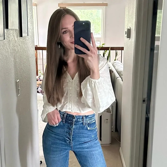 Free People Ivory Long Balloon Sleeve Blouse Top XS - Picture 8 of 8